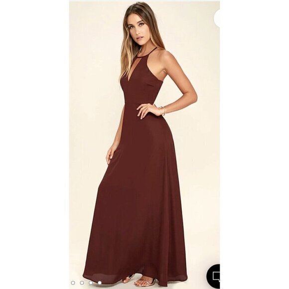 Lulus Beauty And Grace Burgundy Maxi Dress Keyhole Halter Neck Size Medium - Picture 2 of 8